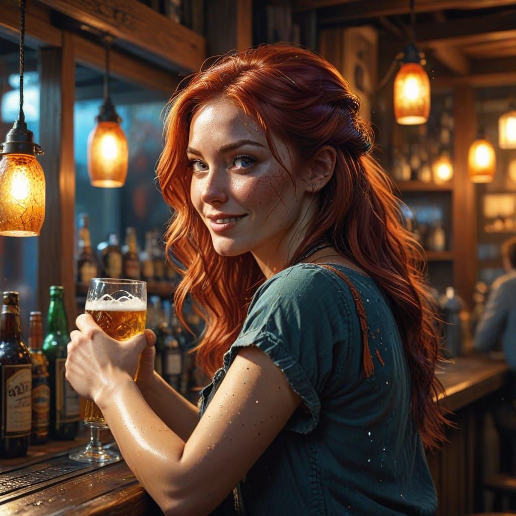 Red Haired Bartender Smiling in Lively Tavern