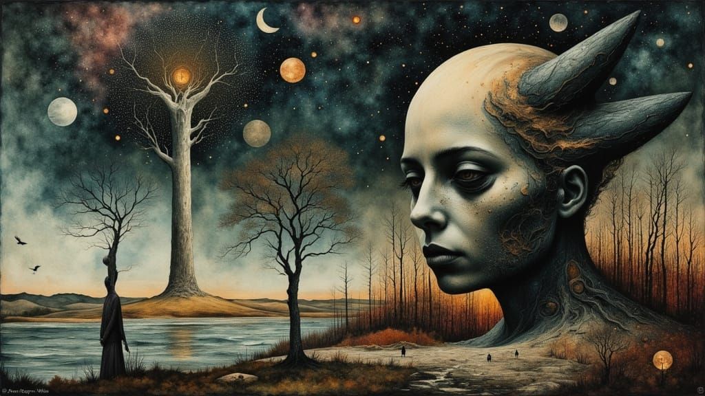 Surreal Fairytale Menace in Abstract Folk Art Style