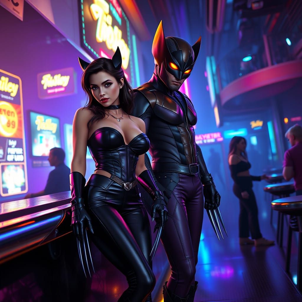 Futuristic Femme Fatale and Wolverine at Neon Nightclub