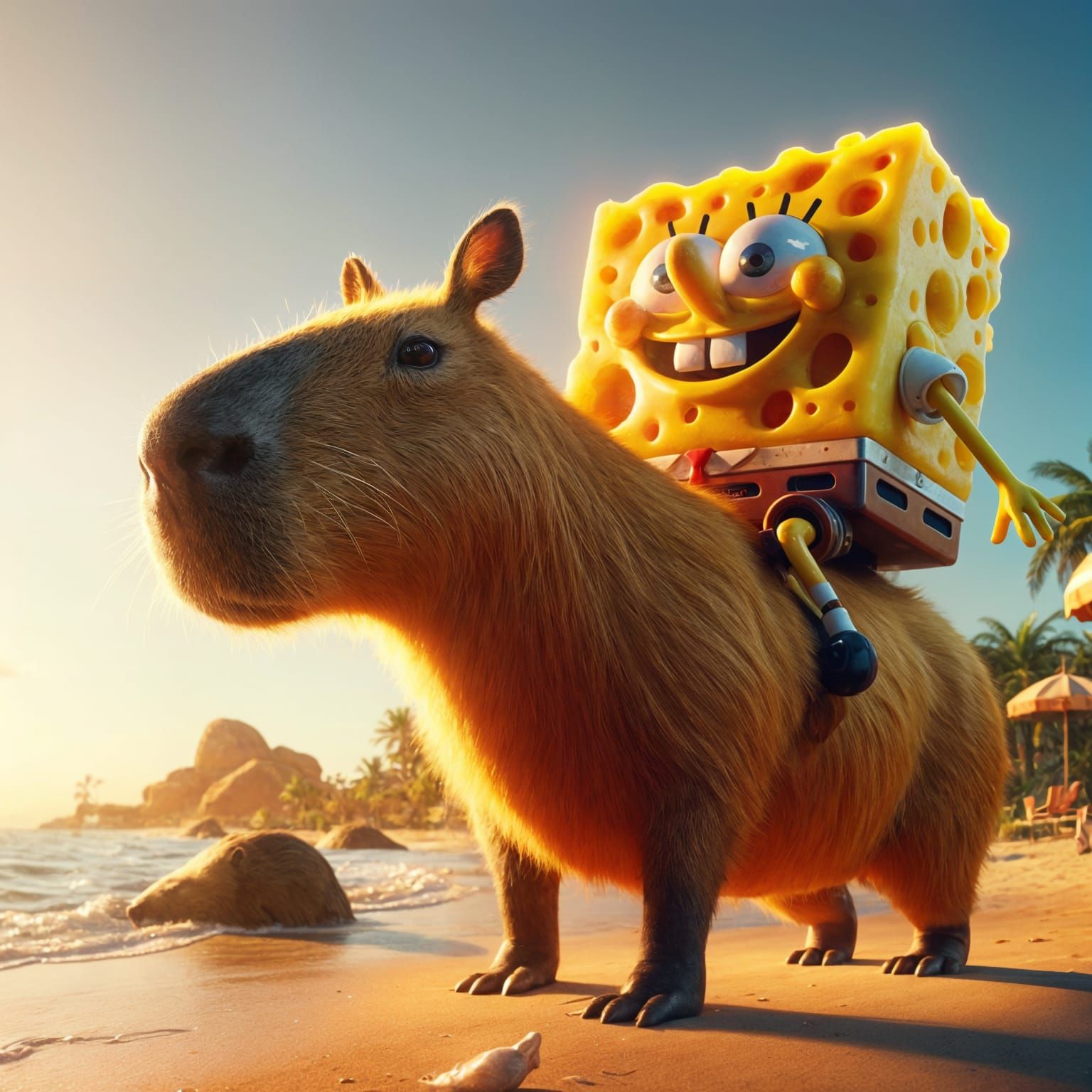 SpongeBob Rides Capybara on Miami Beach
