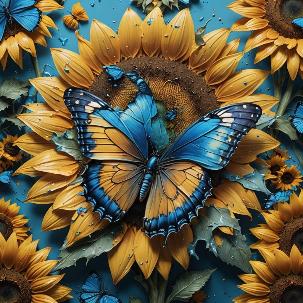 Blue Butterfly on Sunflower in Hyperrealistic Splash Art