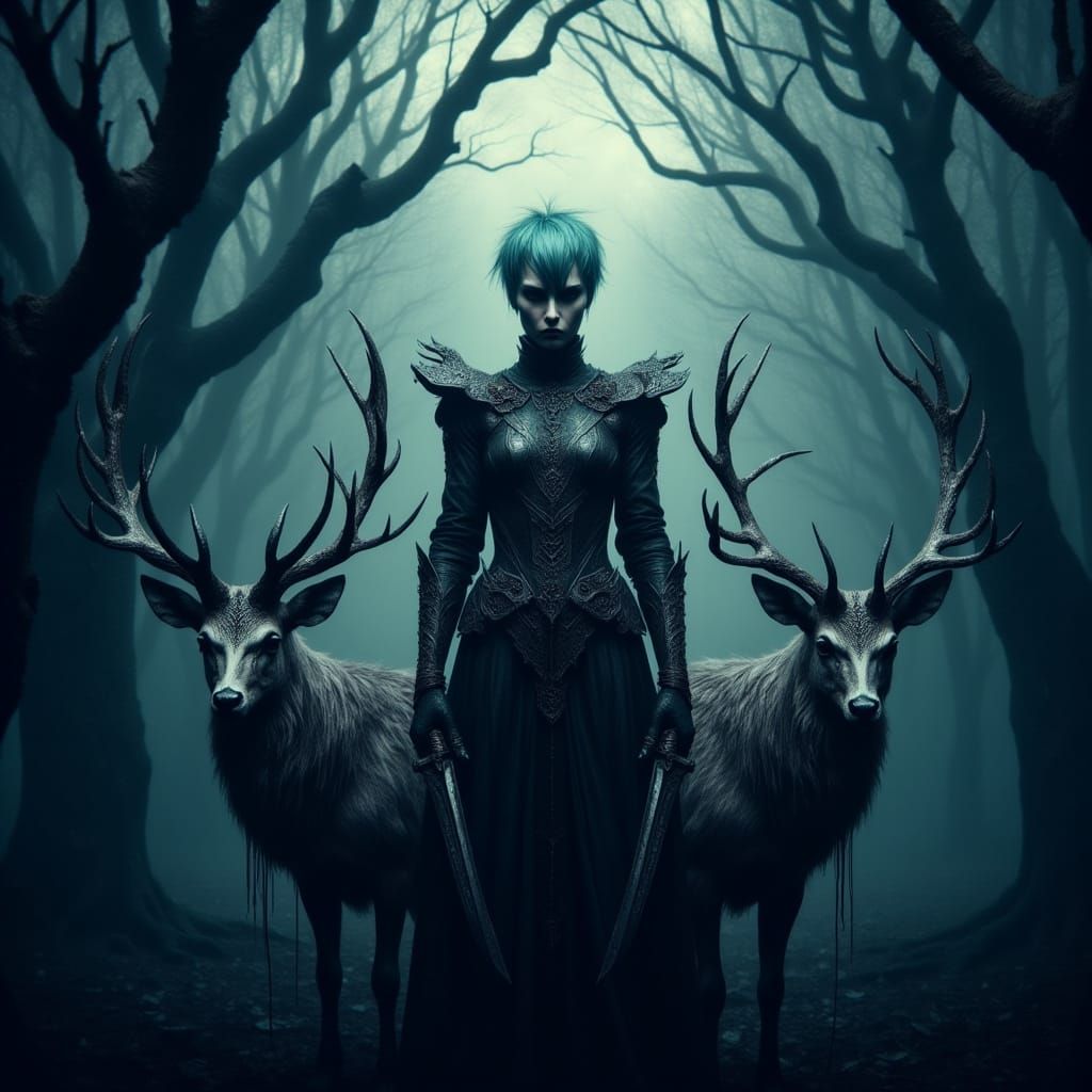 Gothic Female Warrior in Moonlit Forest with Majestic Stags