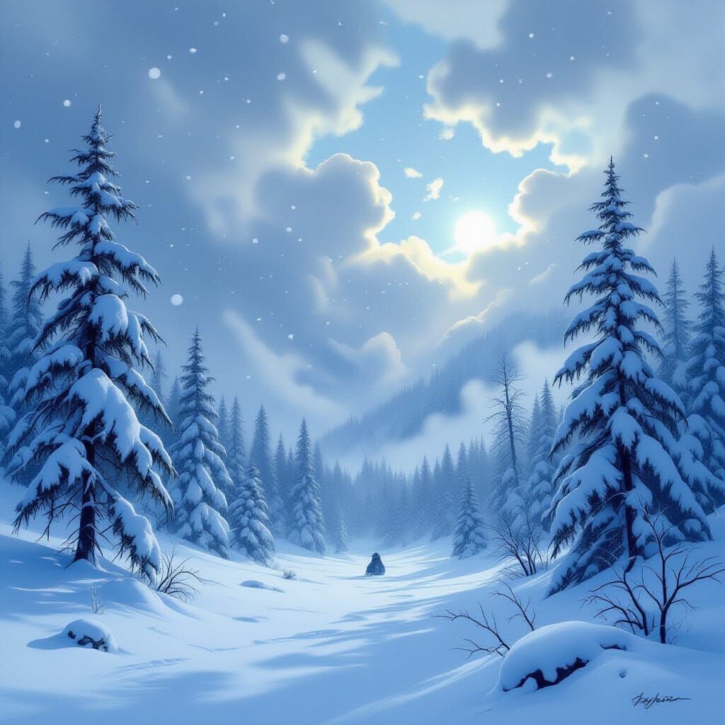 Snowstorm Engulfs Frozen Forest: Realistic Winter Landscape