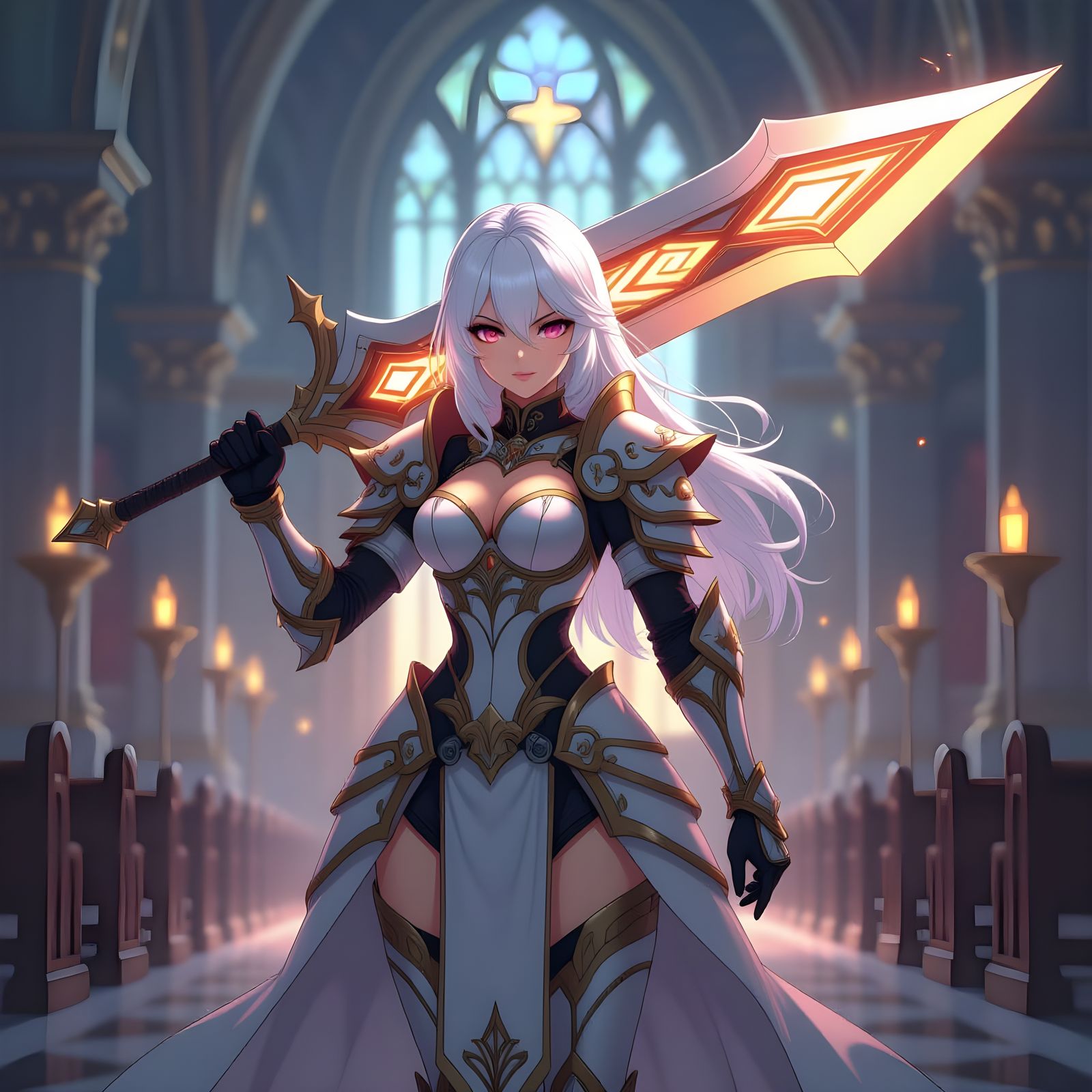 Anime Paladin in Church, Cel-Shaded Style