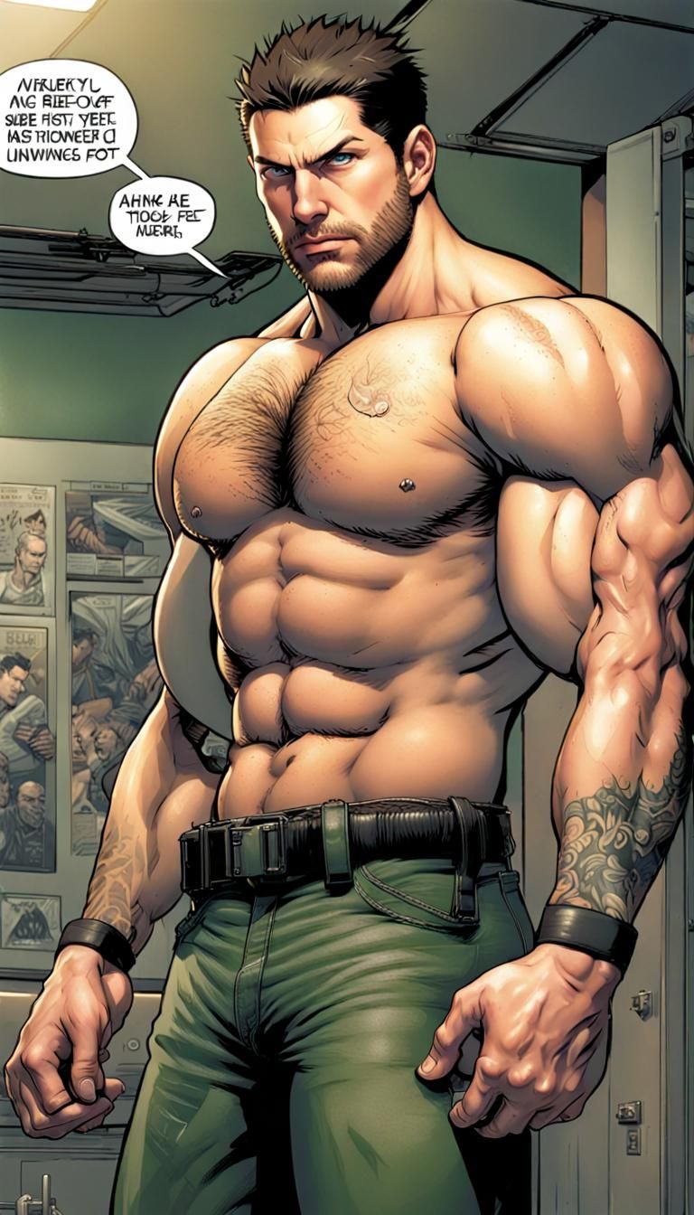 Beefy Tattooed Man in Comic Book Art Style