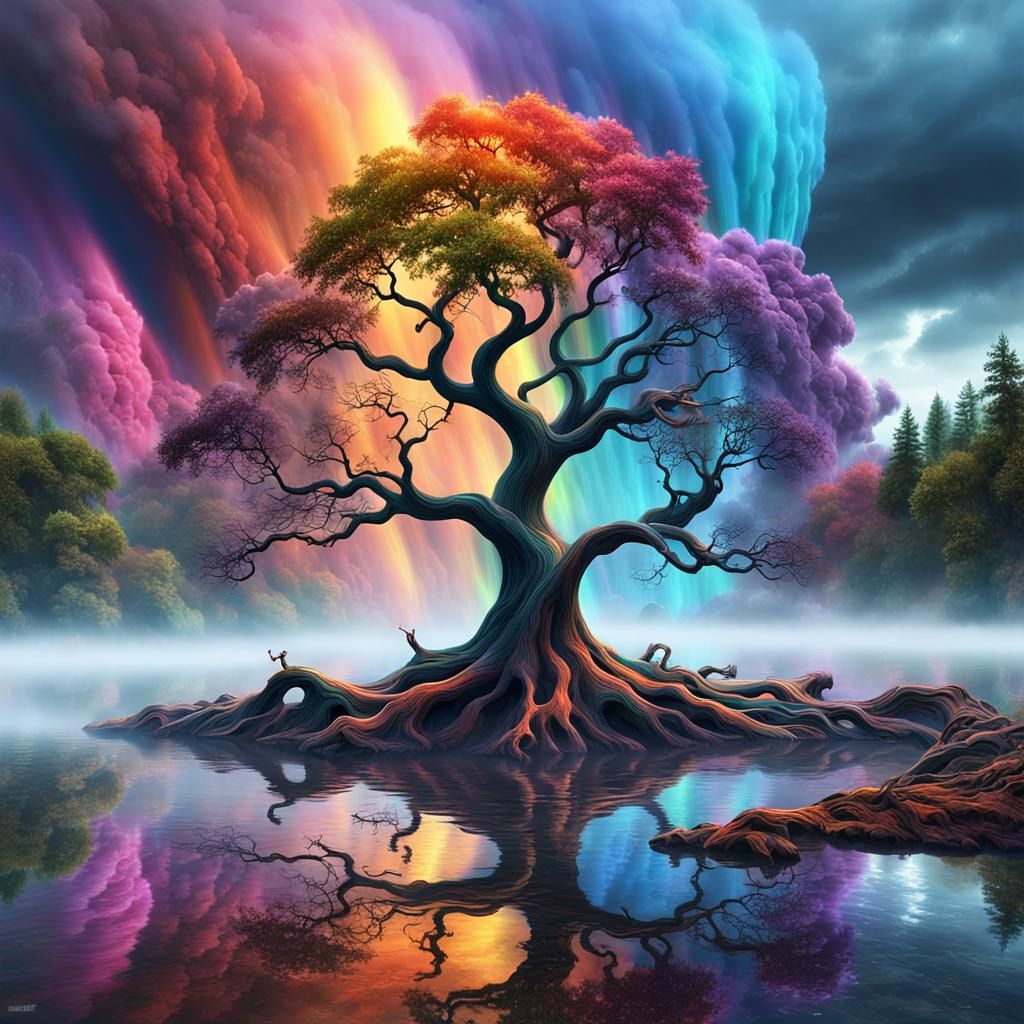 Colorful Fluid Lake Creates Bronze Tree