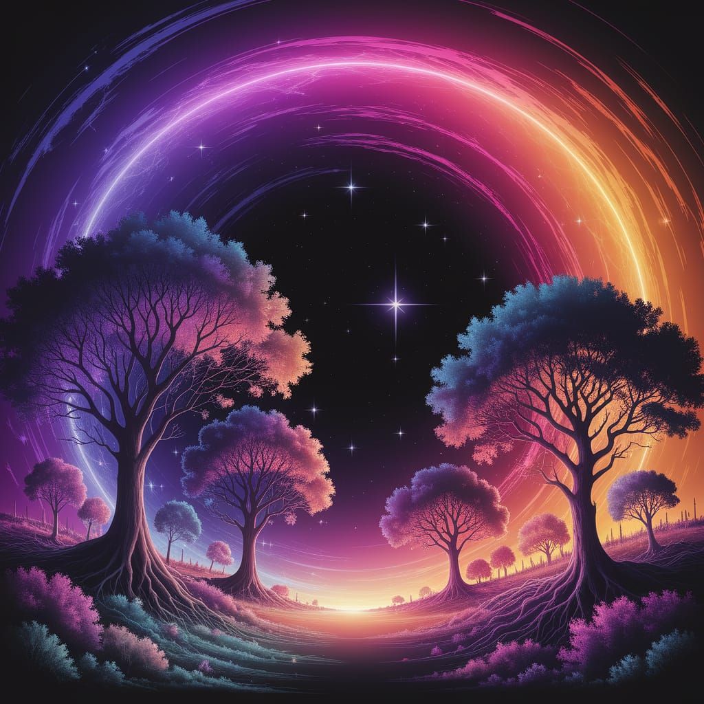 Surreal Cosmic Landscape in Vibrant Purple and Orange Hues