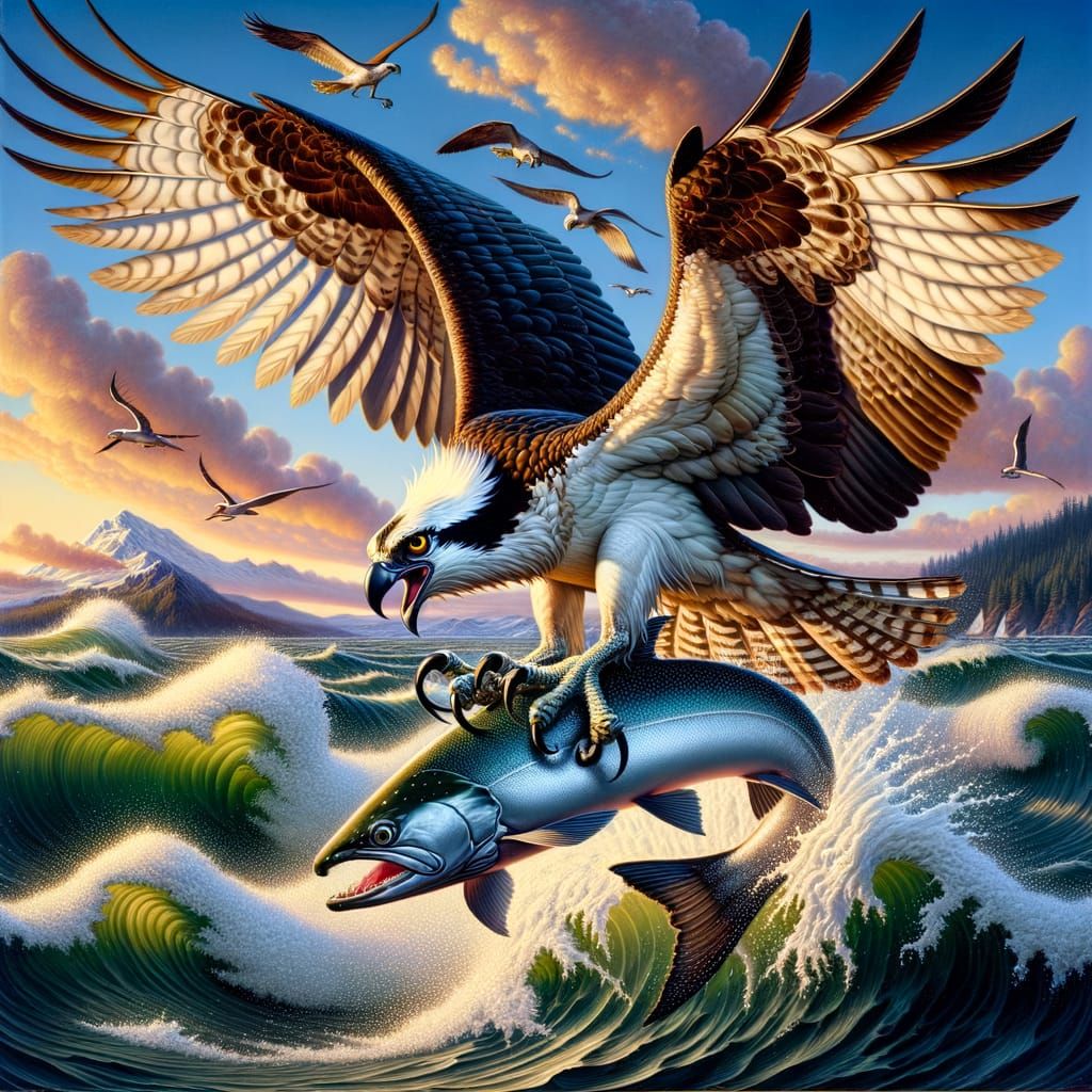 Osprey Grabs Salmon in Dramatic Sunset Scene