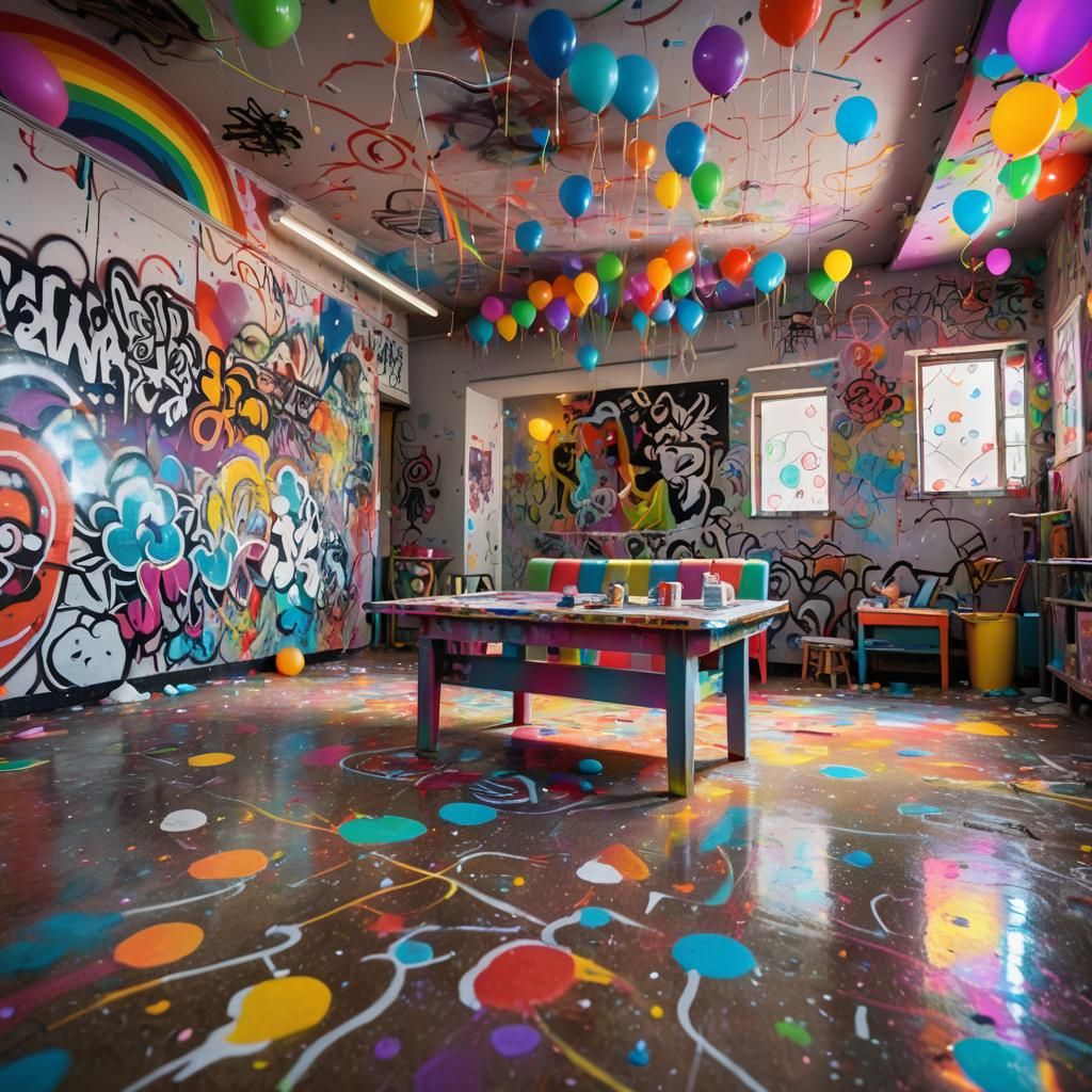 Rainbow Graffiti Art Room with Shimmering Crystals
