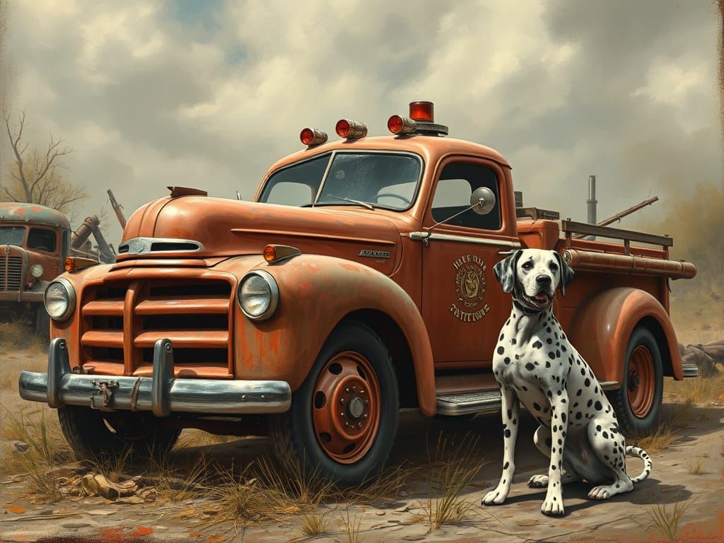 Dieselpunk Firetruck with Dalmatian, Royo Style