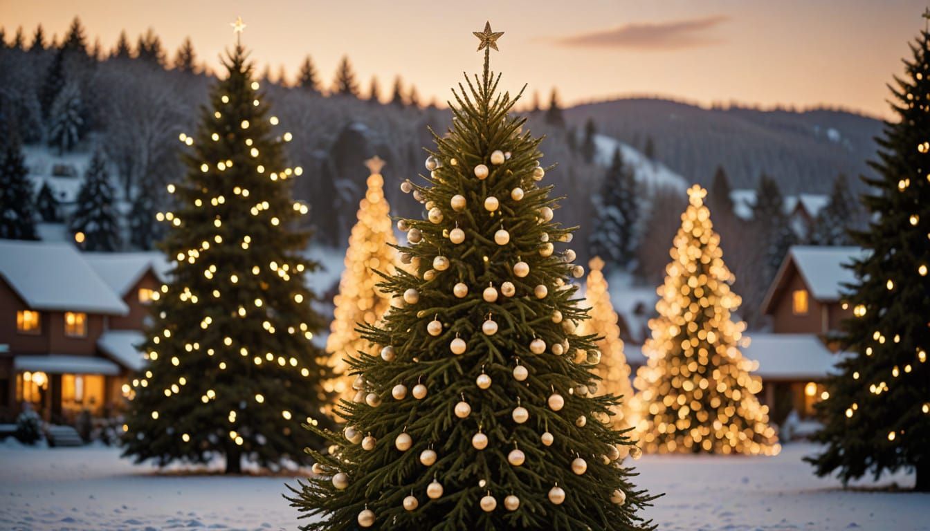 Winter Wonderland of Vibrant Christmas Trees in Dreamy Bokeh...