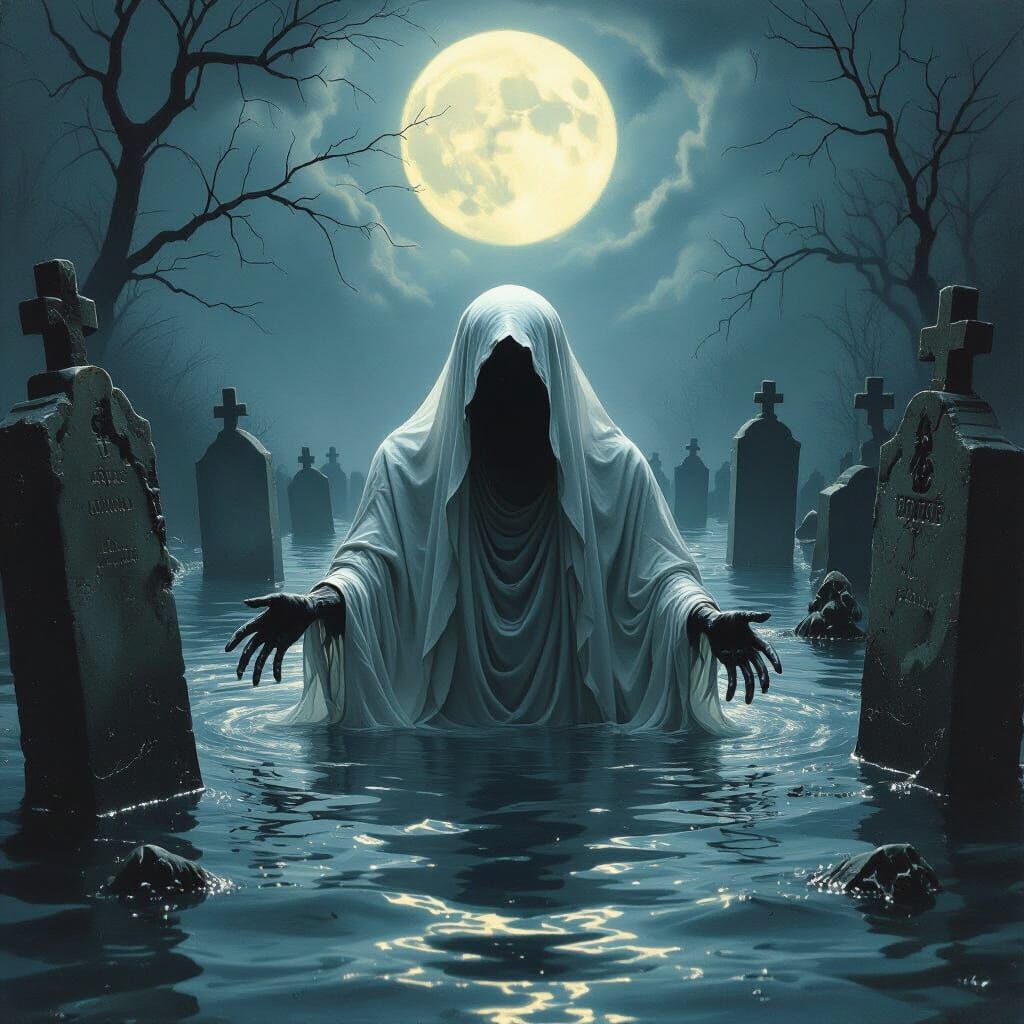 Ethereal Figure Swims Through Moonlit Flooded Graveyard