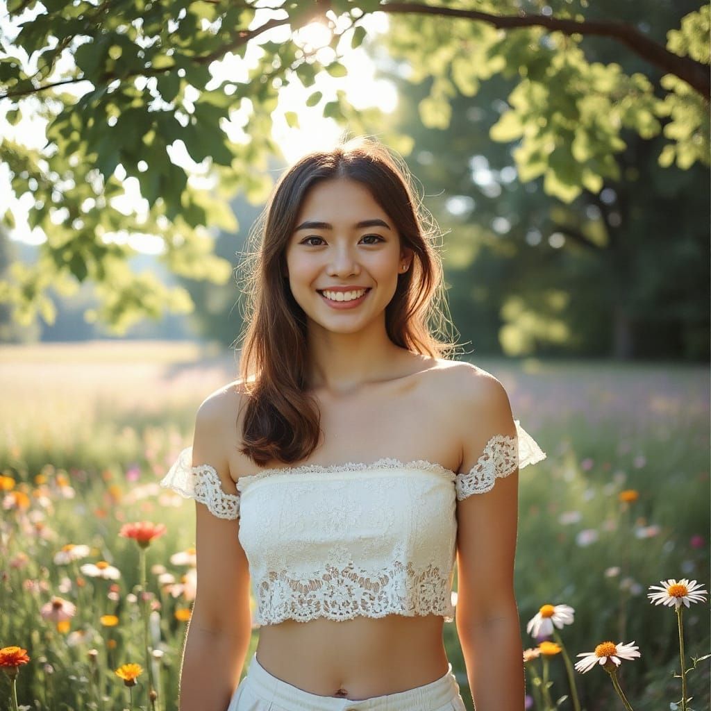 Joyful Woman in Lace Crop Top, Impressionist Meadow