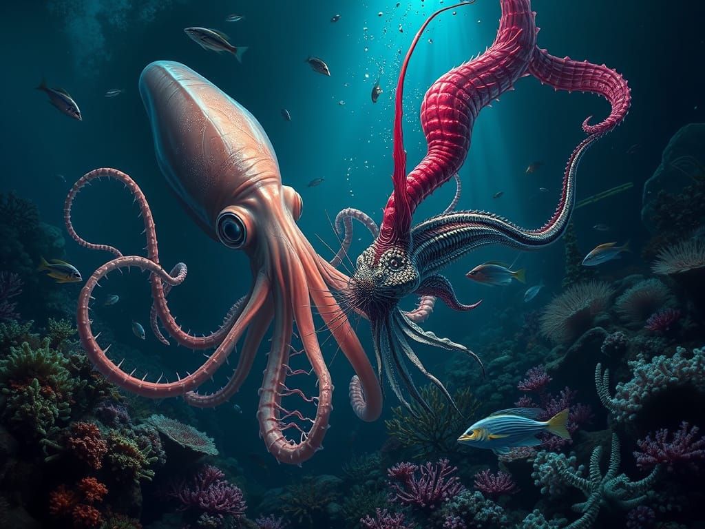 Giant Squid Battle in Deep Sea Photorealism