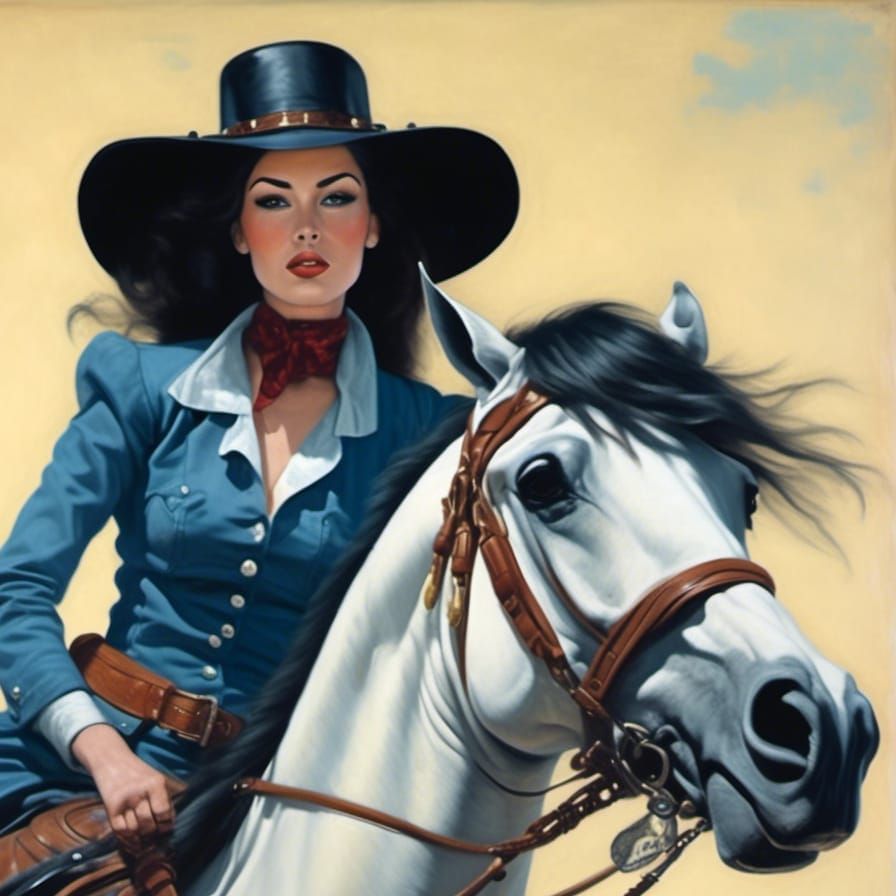Bettie Page Cowgirl Rides Charging Horse