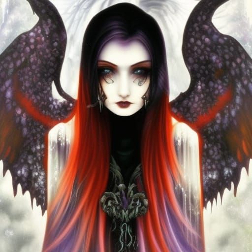 Ethereal Gothic Aries Young lady with Long black hair with R...