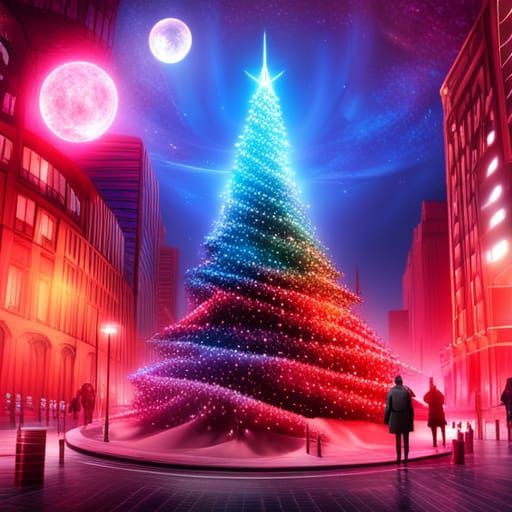 Magical sparkling magical Christmas tree in a Christmas city 1