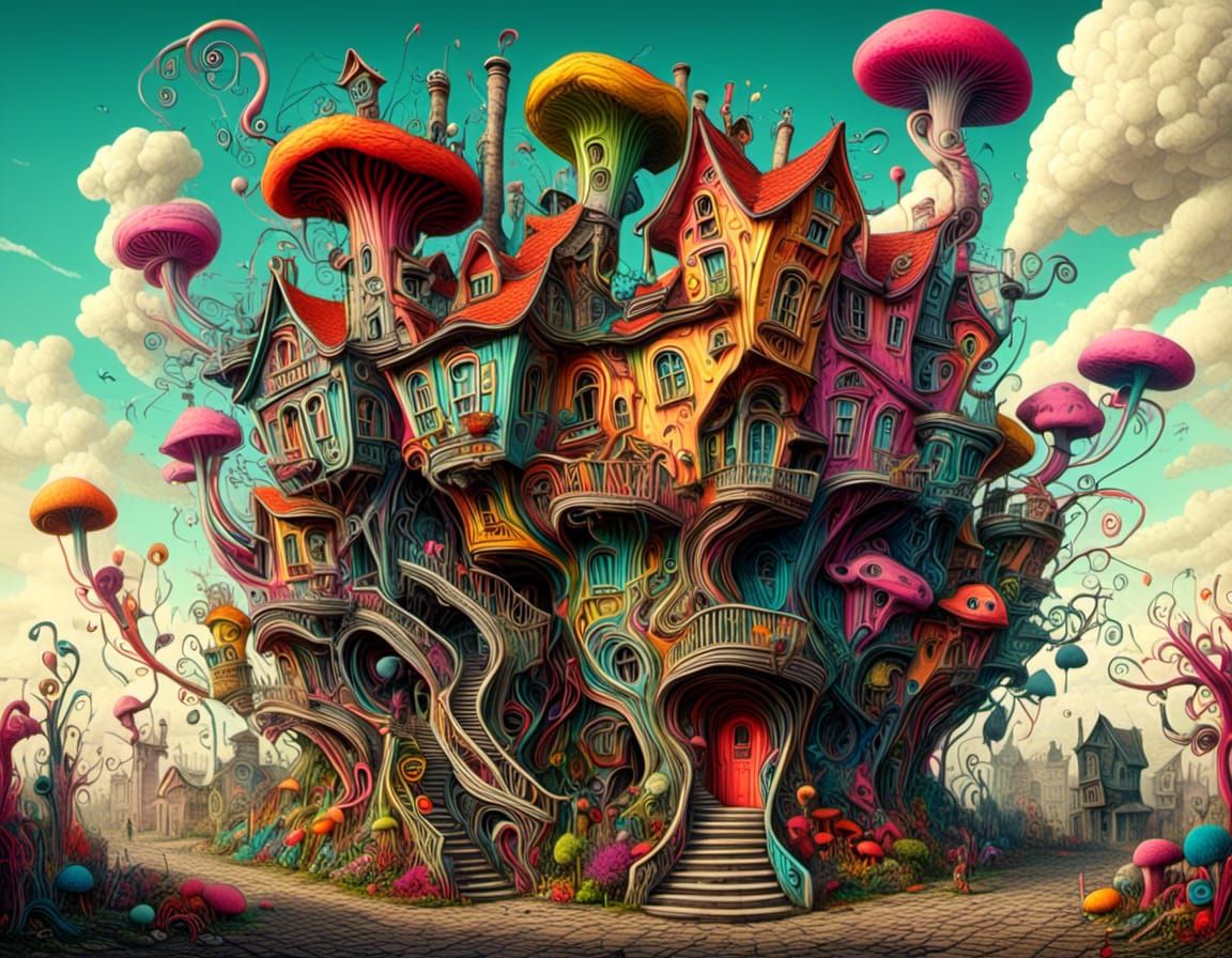 Surreal Multi-Story House in Psychedelic Comic Style