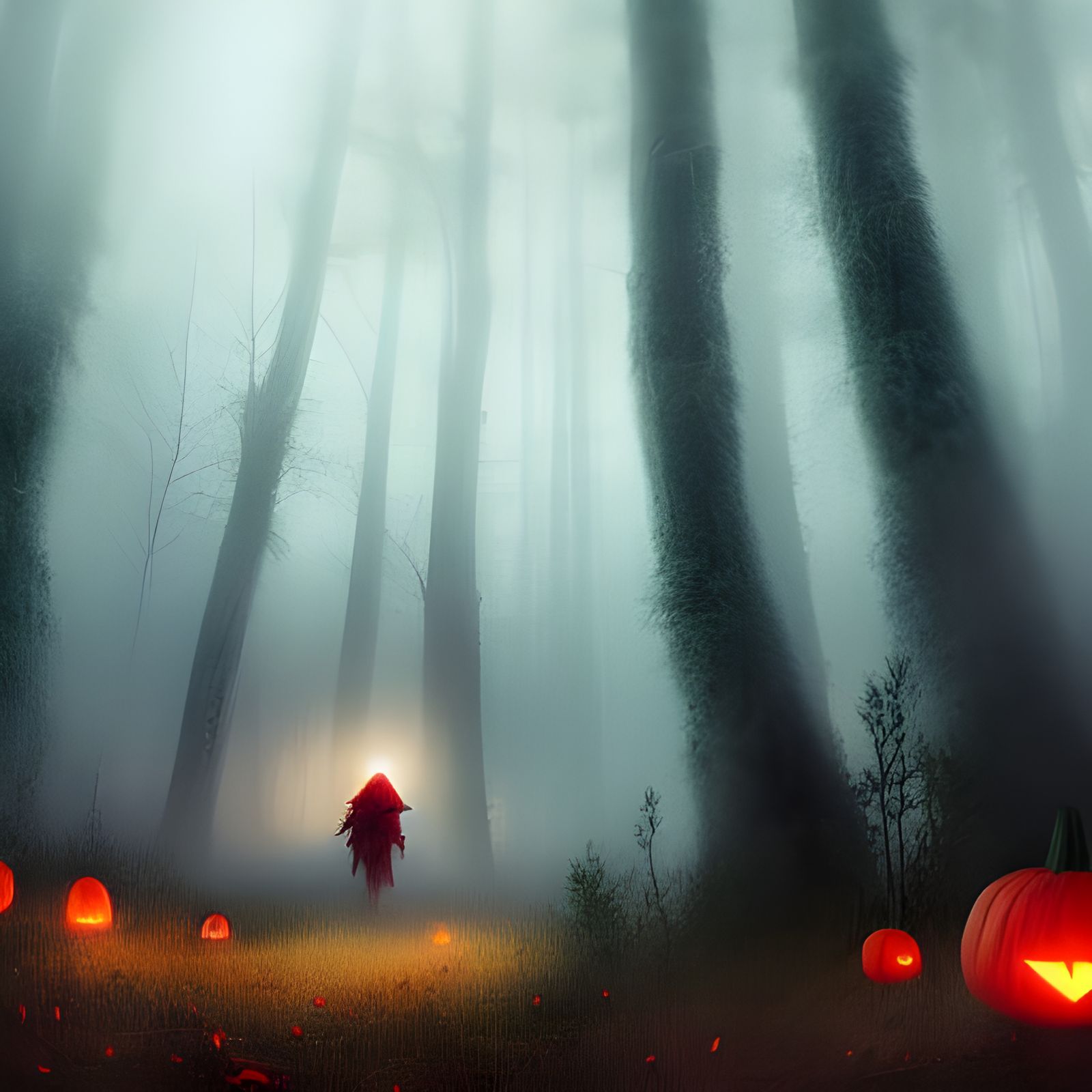 Eerie Fairytale: Little Red Riding Hood in Foggy Forest