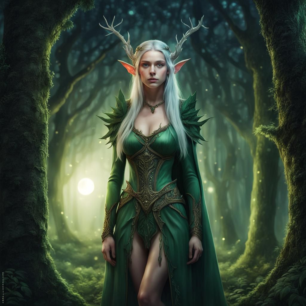 Elf Queen in Forest at Night: Hyperrealistic Portrait