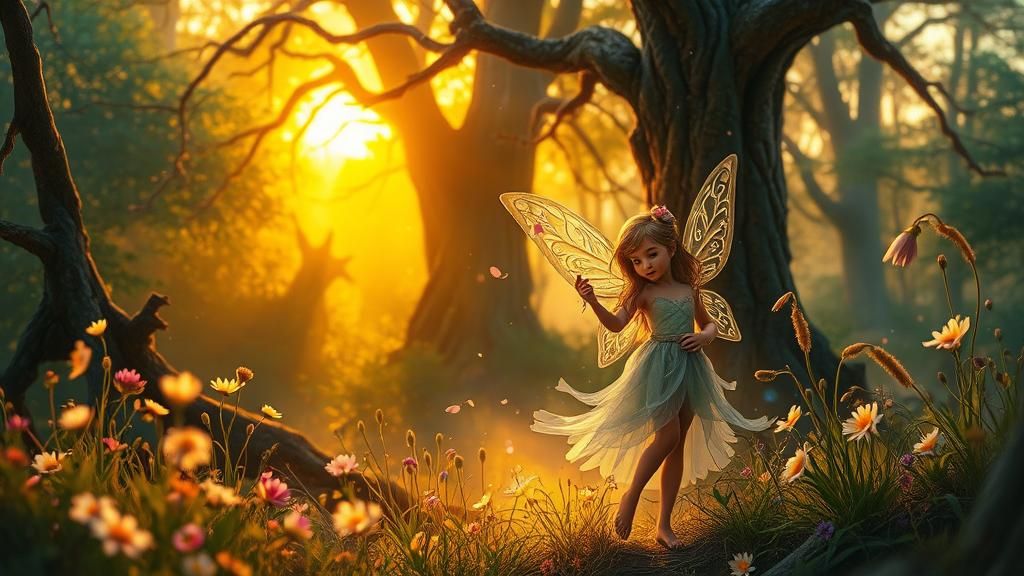 Faerie in Mystical Forest Glade at Sunset