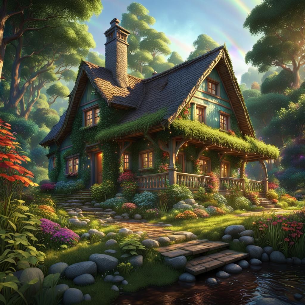 Detailed Cottage in Rainbow Forest: Hyper-Realistic Concept ...