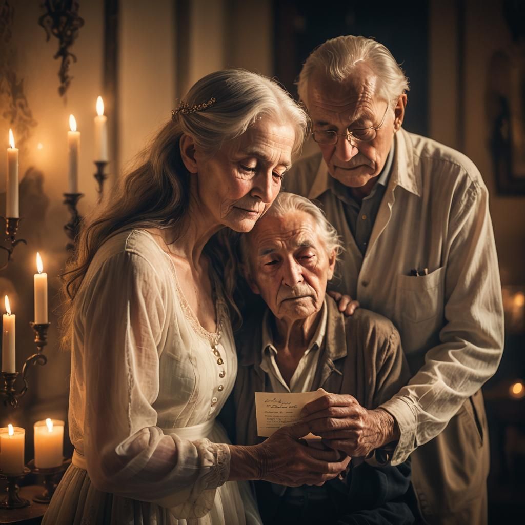 Ethereal Woman Embraces Elderly Man in Double Exposure