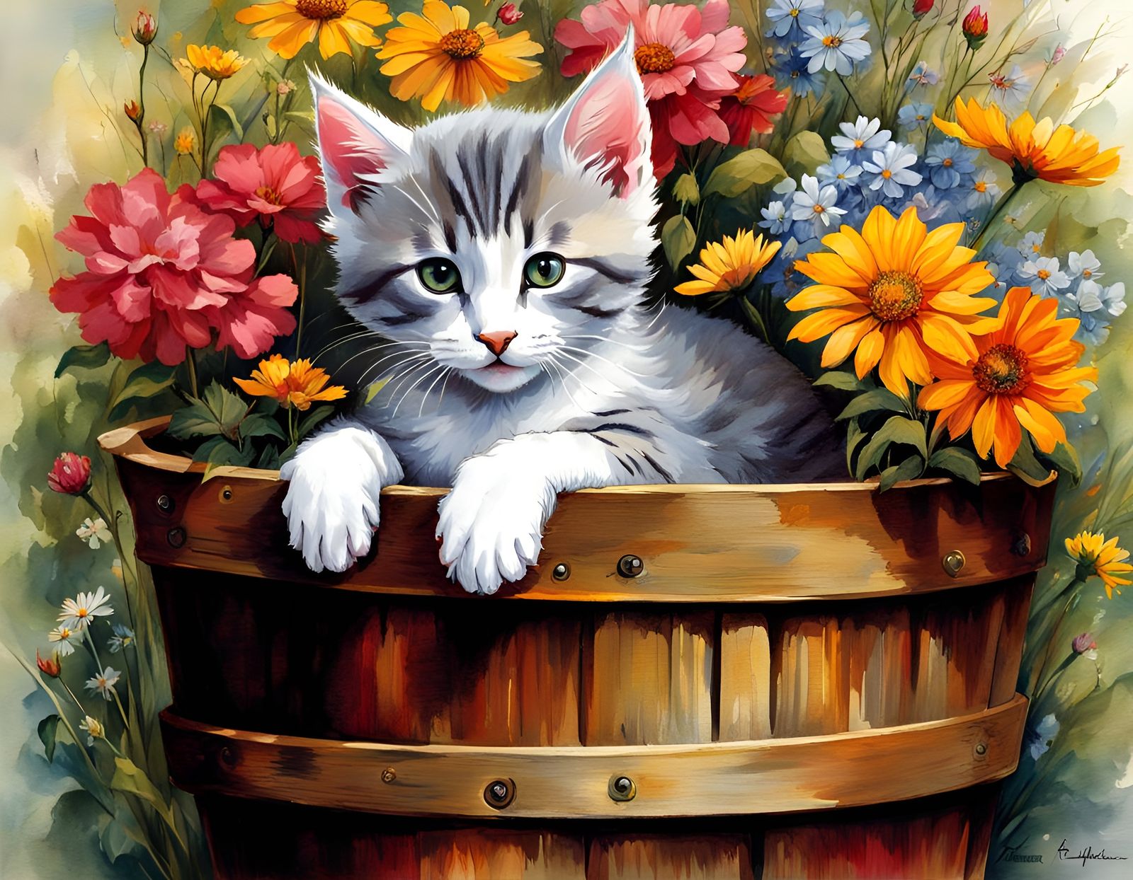 Gray Kitten in English Garden: Renaissance Painting