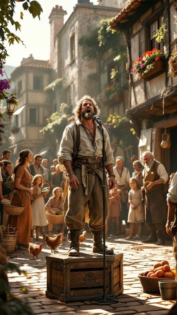 Medieval Village Scene with Singing Peasant in Hyperrealism