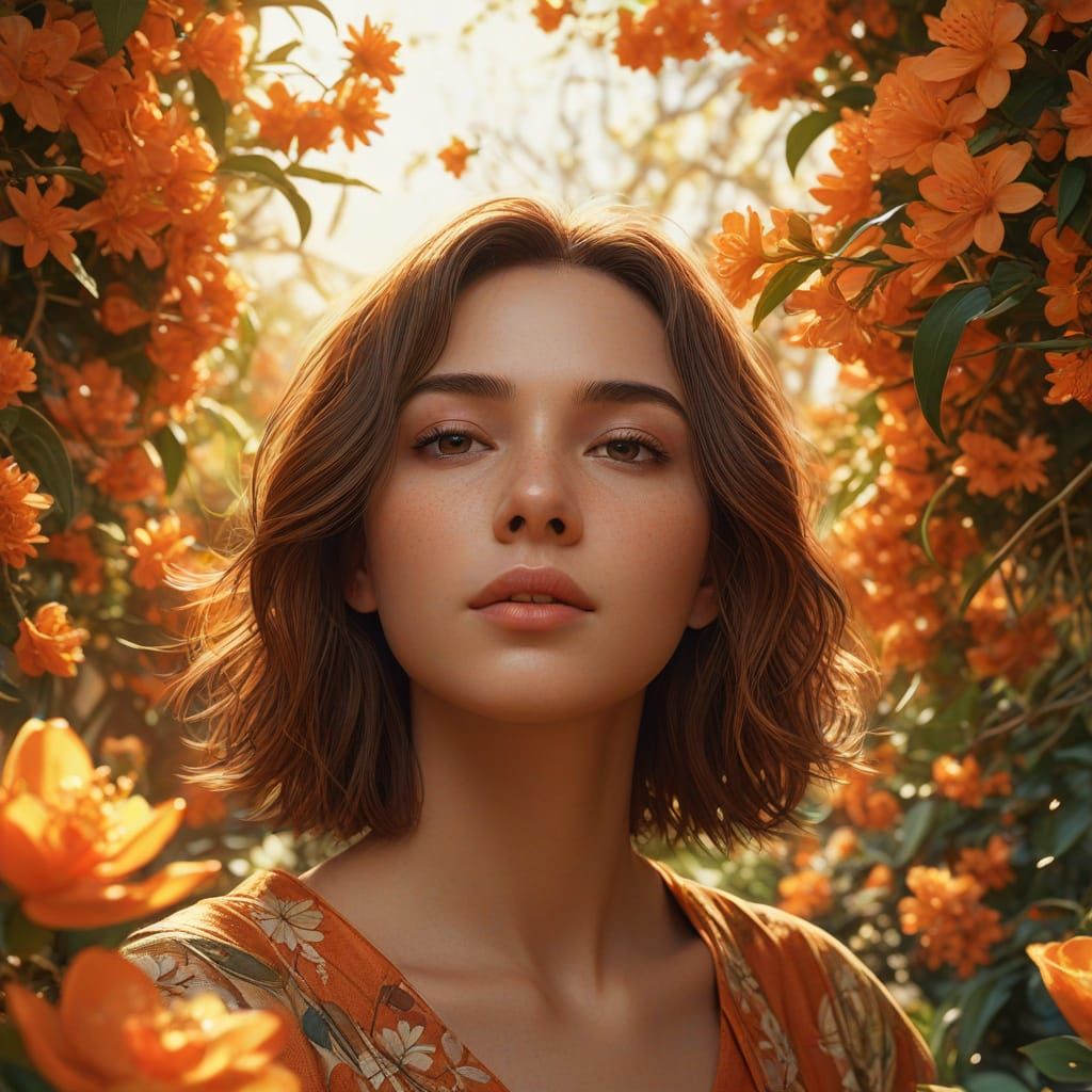 Woman in Orange Blossom Garden: Fantasy Art
