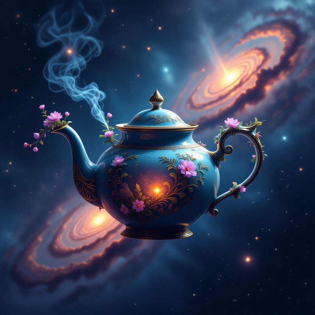 Ornate Teapot in Cosmic Void with Alien Flora