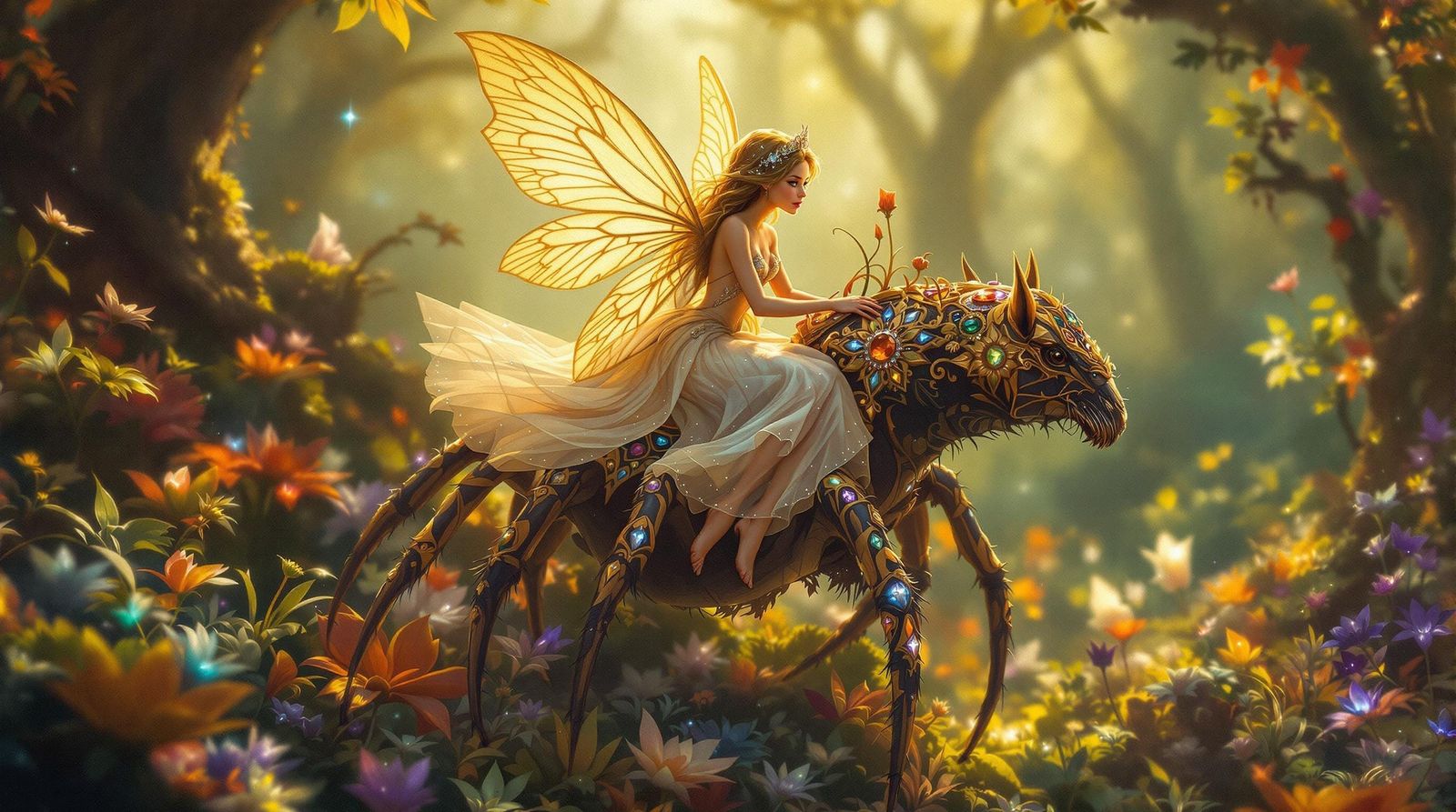 Whimsical Fairy Princess Rides Majestic Spider through Encha...