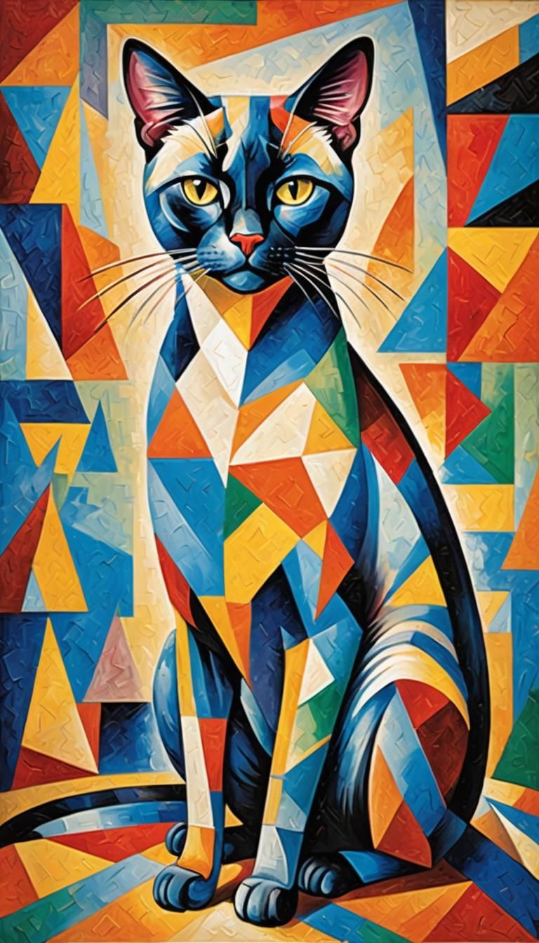 Abstract Cubist Siamese Cat in Vivid Colors