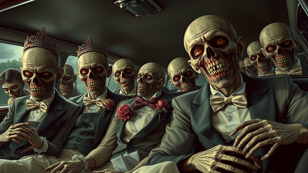 Zombies in Prom Attire Ride Vintage Limousine