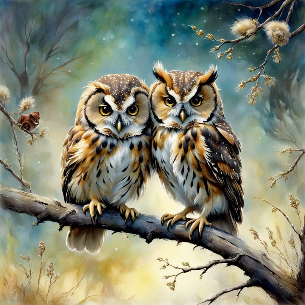 Impressionist Owl and Mouse on Branch, Spring Colors