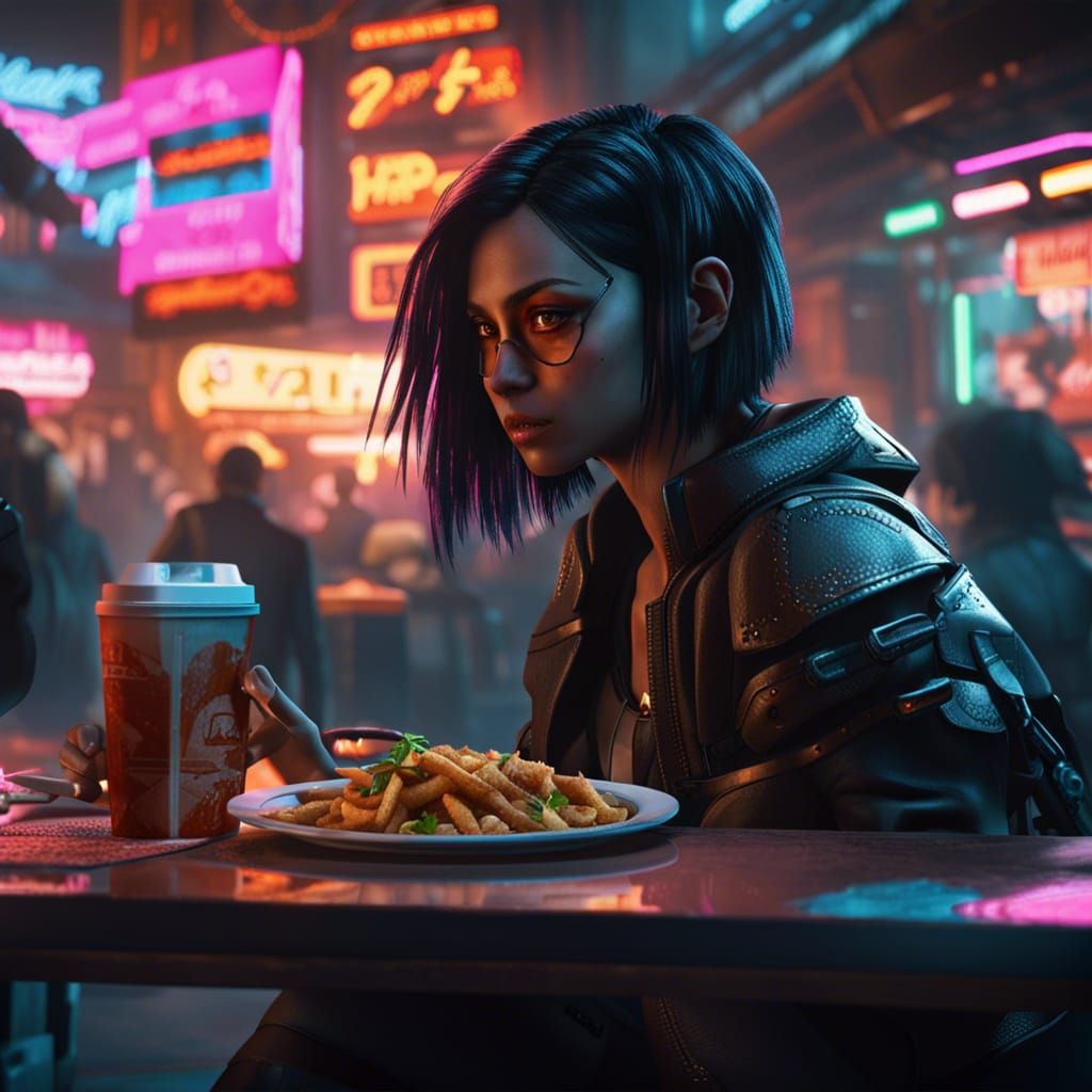 Alita Enjoys Shawarma in Cyberpunk City 2099