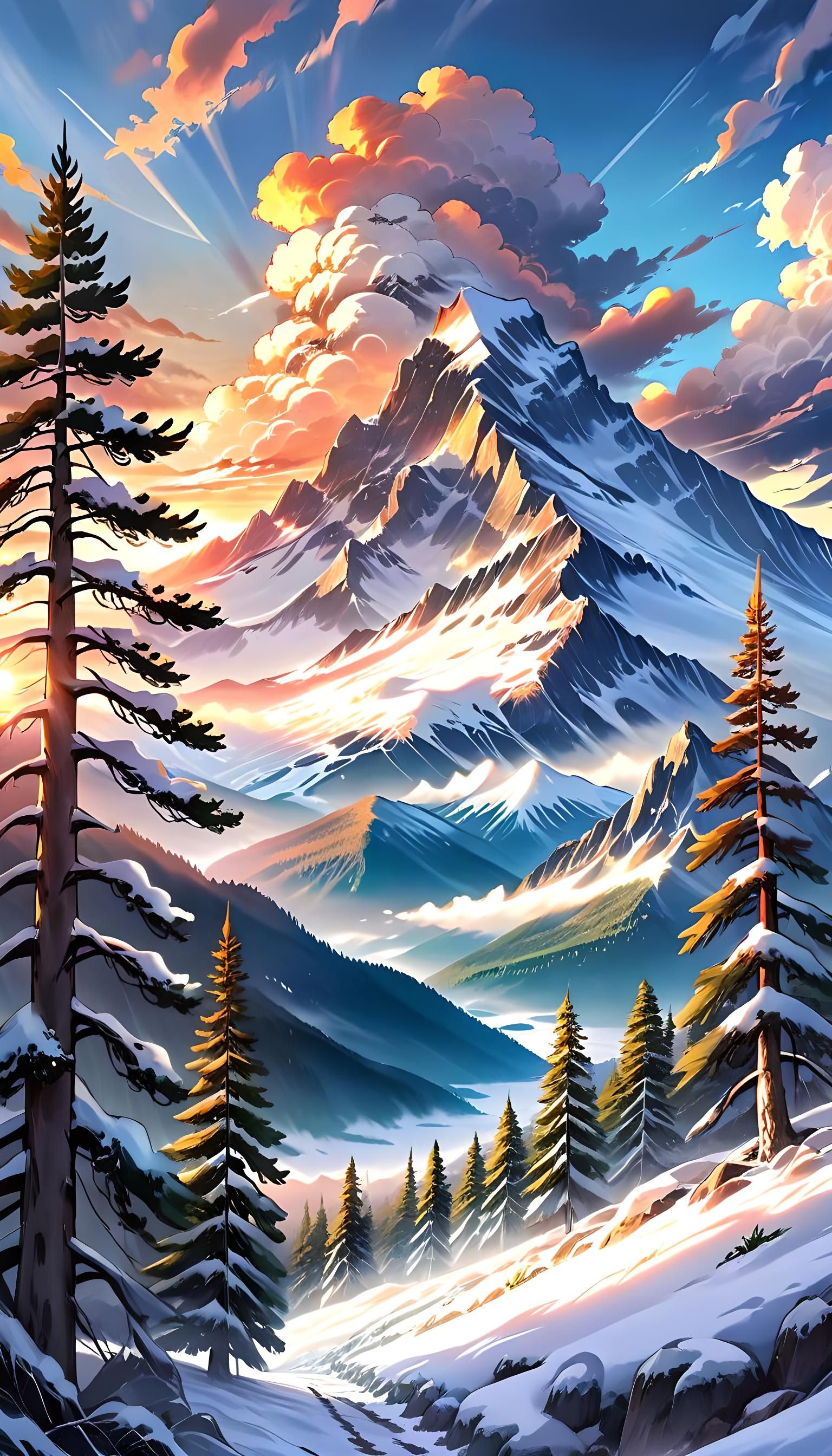 Majestic Snowy Mountain Sunset in Anime Art