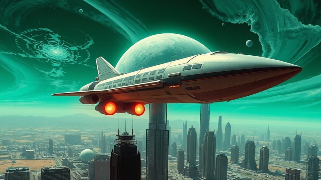 Retro-Futuristic Space Rocket Landing in Sci-Fi City