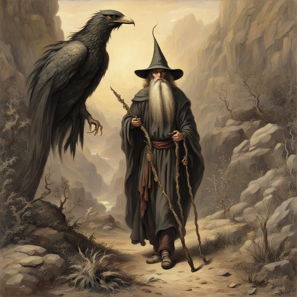 Wizard and Phoenix in Wilderness, Waterhouse Style