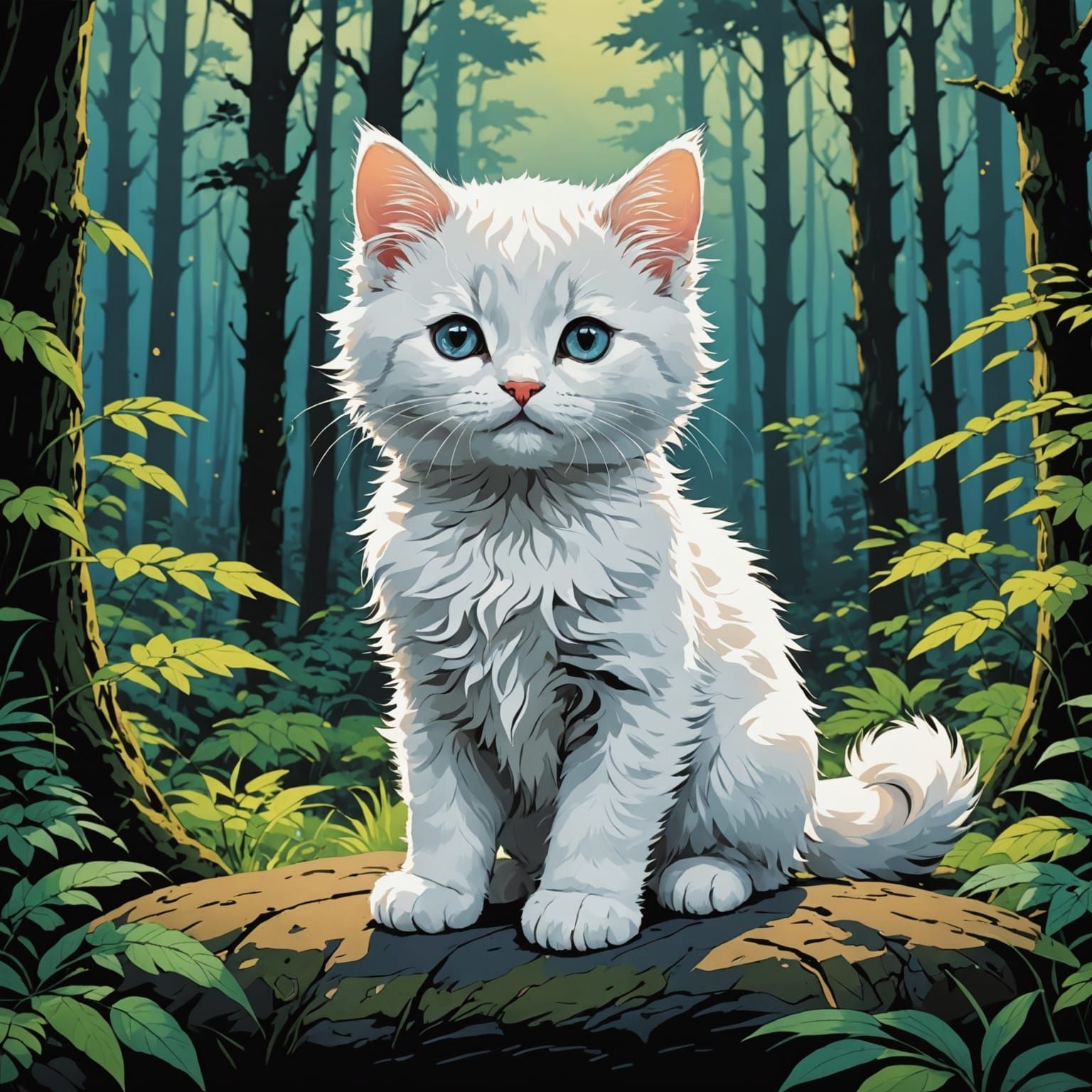 Whimsical Cartoon Kitten in a Vibrant Forest