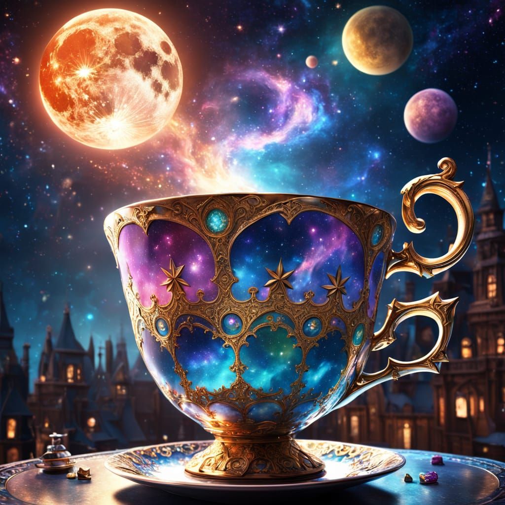 Galaxies Swirling in Victorian Teacup: 3D Render