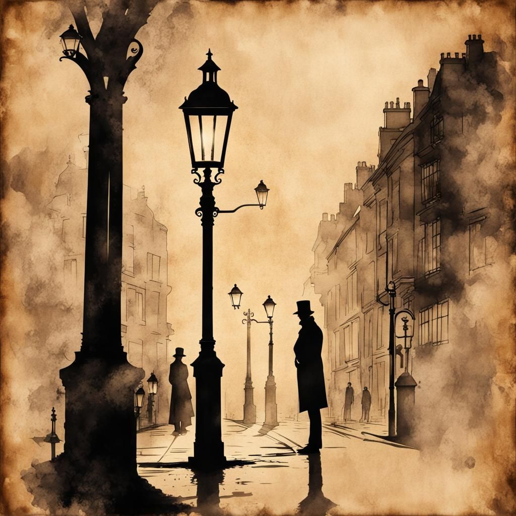 Sherlock Holmes Silhouette in Steampunk London Ink Painting