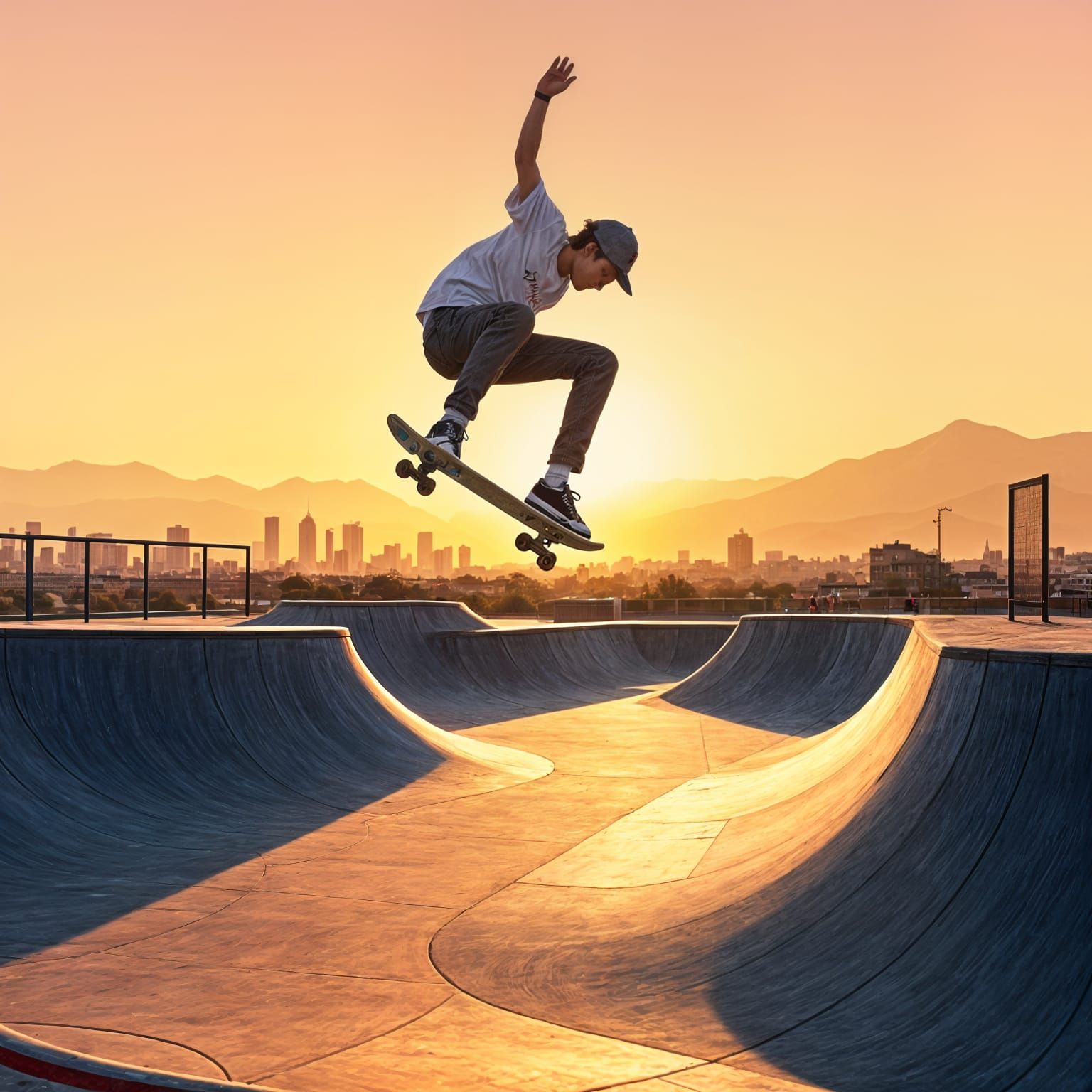 Thrilling Skateboarder in Action at Sunset Skatepark