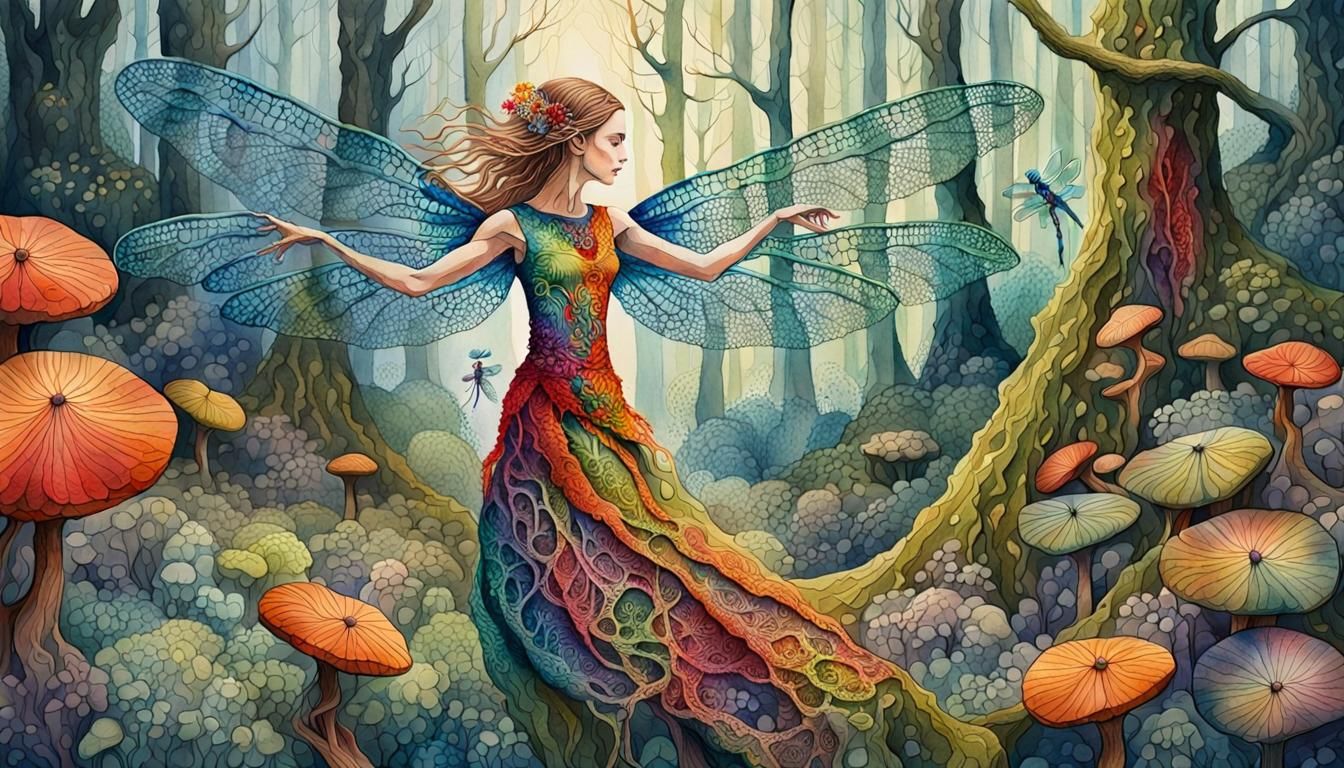 Dragonfly Woman Dancing in Forest, Watercolor Painting