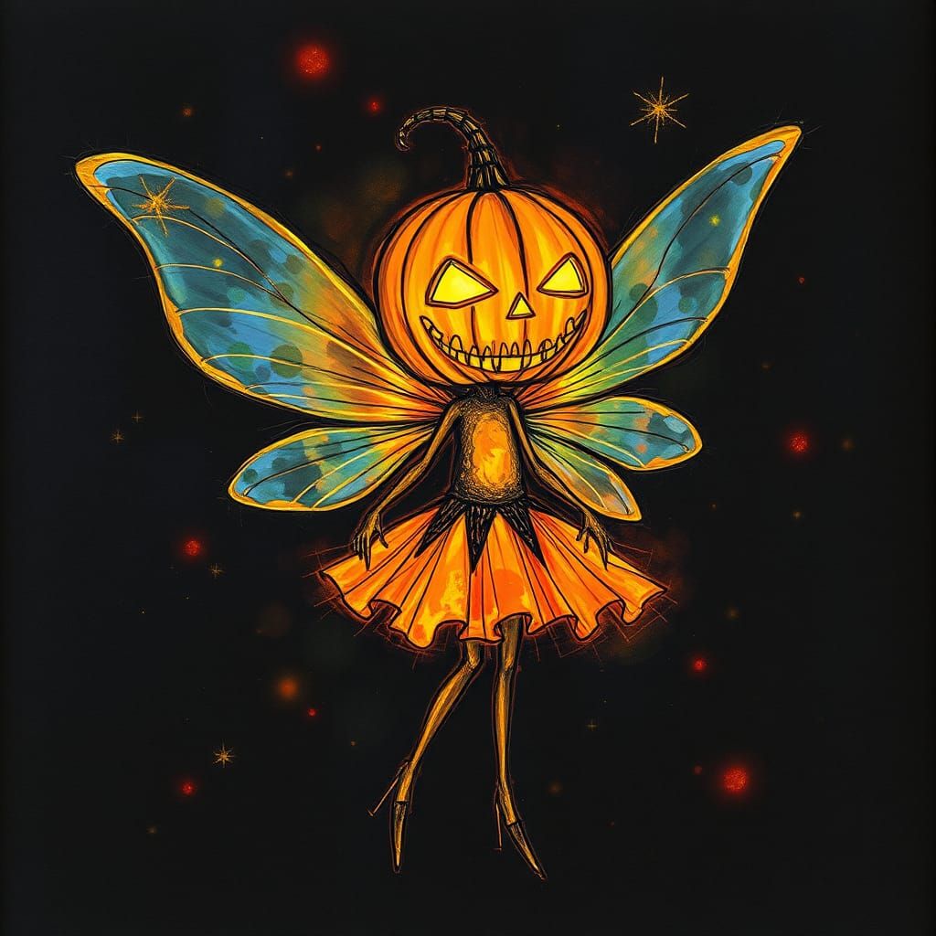 Surreal Fairy with Jack-o'-Lantern Head, Childlike Drawing
