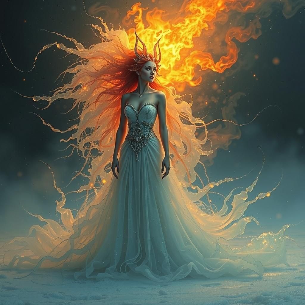 Ice and Fire Goddess Portrait in Art Nouveau Style
