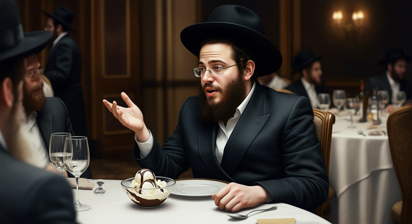 Elegant Hasidic Gentleman Savoring Simcha Dessert