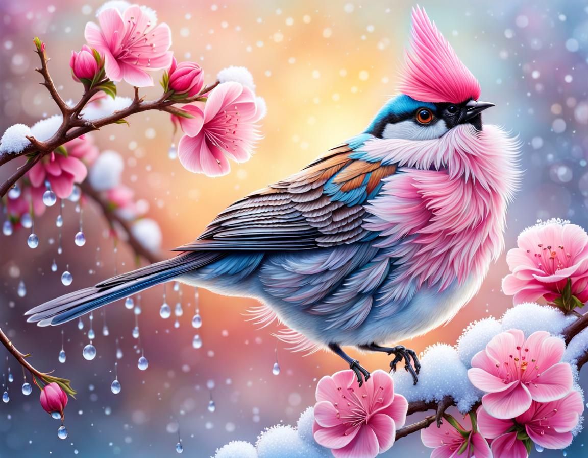 Hyperrealistic Bird with Pink Flowers in Pastel Colors