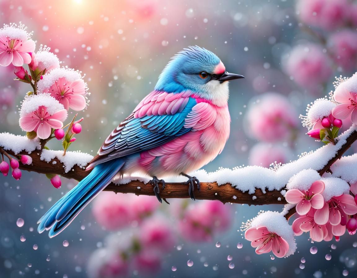 Hyperrealistic Bird with Pink Flowers and Snow