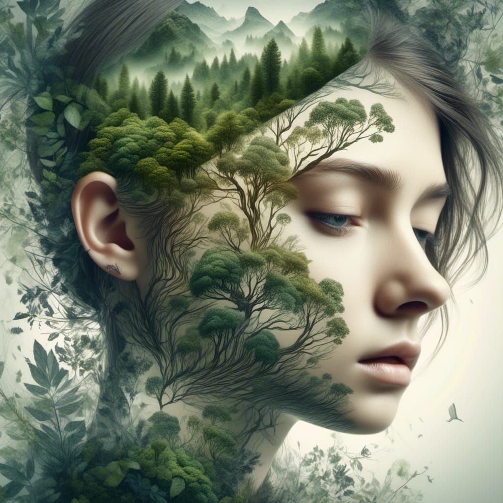 Hyperrealistic Double Exposure: Teenager and Nature